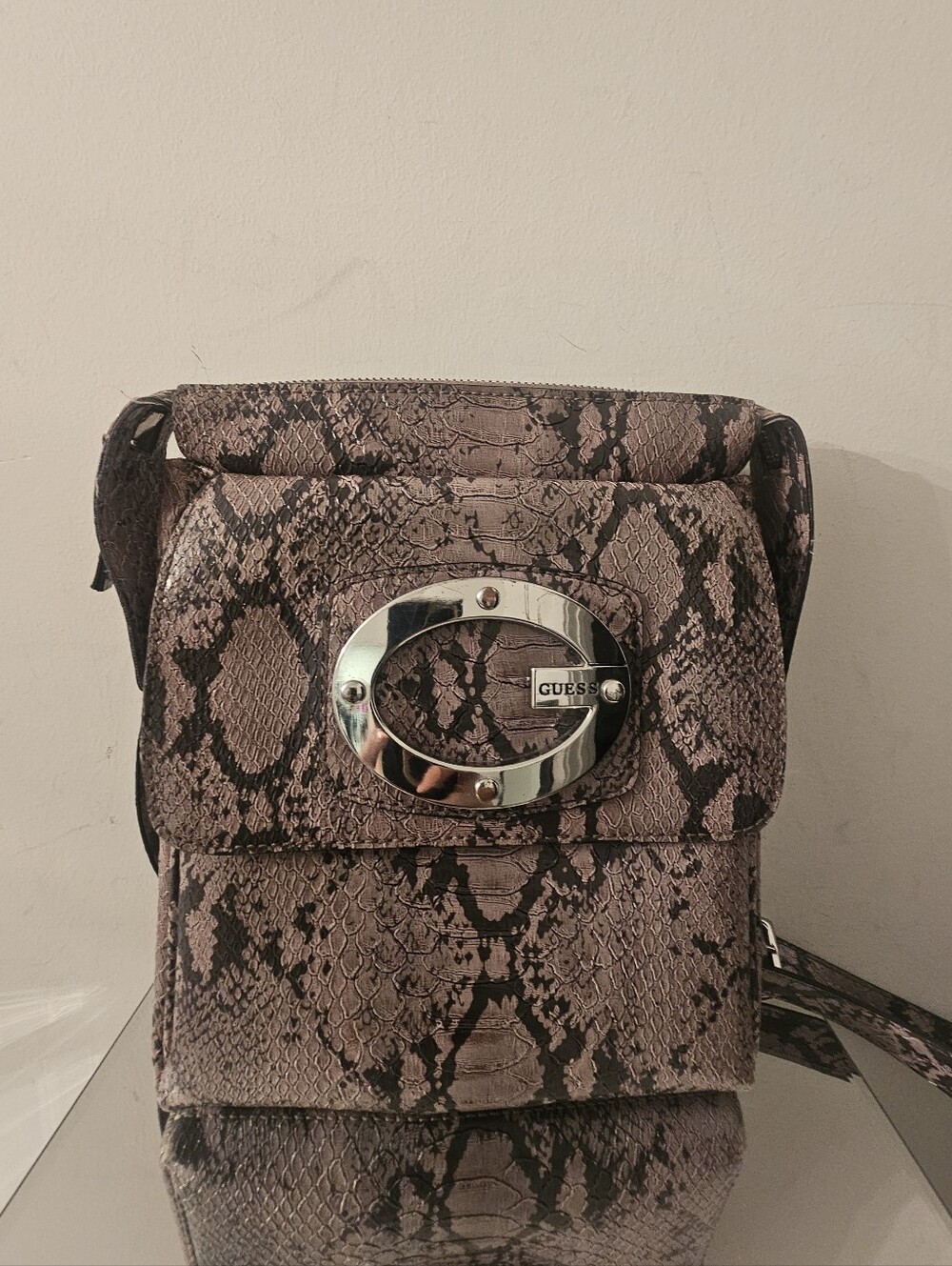 GUESS  Vintage Taupe Snake-Print Crossbody with Silver Logo Accent